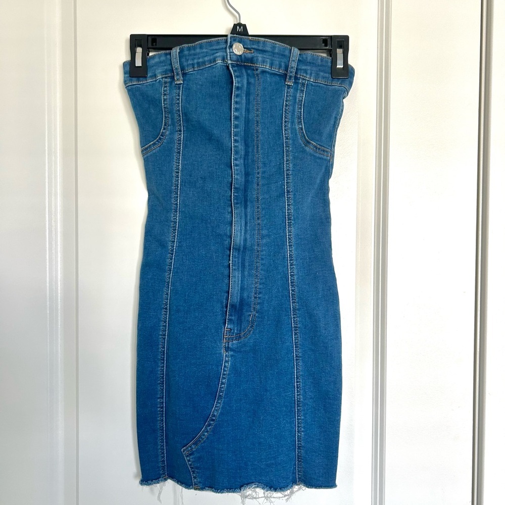 Edikted Blue Strapless Jean Denim Mini Dress Small - Picture 2 of 4